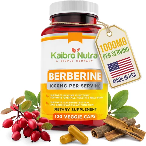 Kaibro Nutra Suplemento de berberina de 1000 mg, berberina HCL para el sistema inmunológico, apoyo a la glucosa, salud circulatoria y