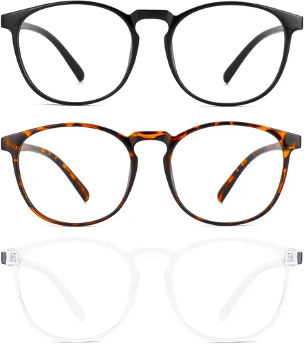 Miniatura 4 de Przene Paquete de 3 lentes de bloqueo de luz azul para mujeres/hombres, gafas redondas retro para computadora, antifatiga ocular, Negro/Cristal/Ámbar