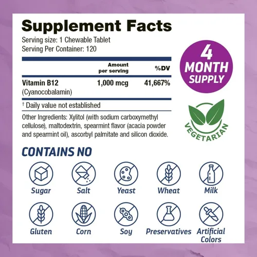 Miniatura 2 de Dr's Hope Vitamina B12 1000 mcg, 120 tabletas masticables, suministro para 4 meses, 1 tableta diaria – Puede apoyar la energía, el metabolismo
