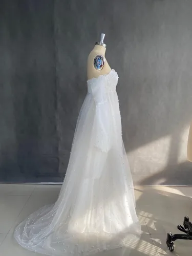 Miniatura 8 de SUOLUOS Vestidos de maternidad de tul perlado para sesión de fotos, hombros descubiertos, lencería nupcial, vestidos de embarazo para baby shower