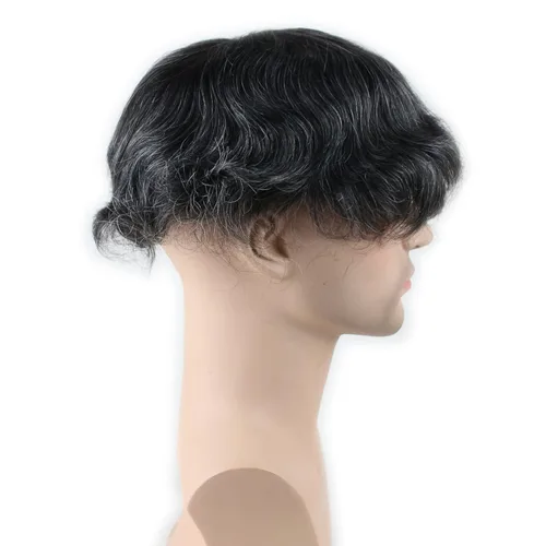 Miniatura 3 de Toupee para hombre 10 × 8 "cabello humano 1B mezcla 20% pelo sintético gris piel fina postizo sistema de reemplazo de pelo base de red monofilamento