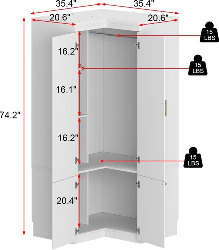 Miniatura 2 de AIEGLE Armario esquinero con cajones, armario de abrigo blanco con puertas, armario alto moderno con barra para colgar para dormitorio