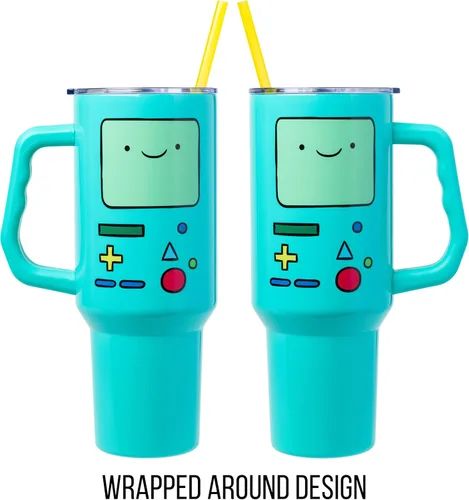 Miniatura 5 de Silver Buffalo Adventure Time With BMO - Vaso de acero inoxidable de doble pared con asa y pajilla, cabe en portavasos estándar, 40 onzas