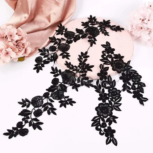 Miniatura 6 de GORGECRAFT 2 pares de parches de flores negras para ropa, apliques bordados, ramo de rosas bohemias, parches para coser, vestidos de novia, cuello