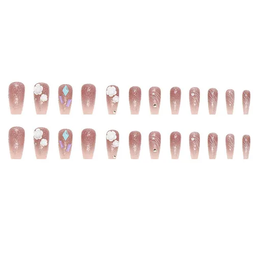 Miniatura 4 de RikView Uñas postizas a presión con forma de ataúd, uñas acrílicas largas con flores 3D, uñas postizas rosadas brillantes para mujeres, juego de 24