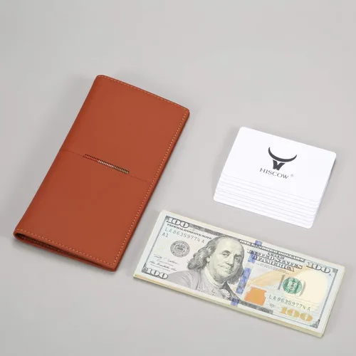 Miniatura 2 de HISCOW Cartera larga de cuero delgada para hombres y mujeres, piel de becerro italiana, cartera de bolsillo en el pecho para chequera, tarjetas