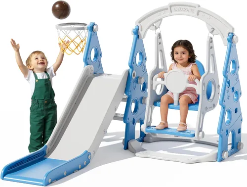 Miniatura 10 de XJD - Juego de tobogán y columpio 5 en 1 para niños pequeños, tobogán para niños de 1 año en adelante, juego de exterior para niños pequeños con aro