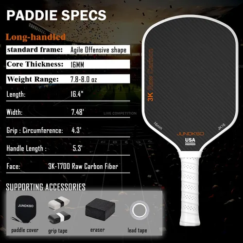 Miniatura 5 de Paletas profesionales de pickleball - T700 Raqueta de pepinillo de fibra de carbono - Superficie esmerilada de carbono crudo 3K para mejorar el giro