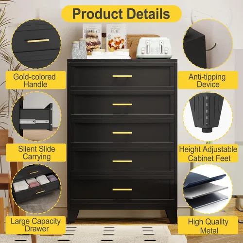 Miniatura 3 de Cómoda de metal de 53.54 pulgadas de alto para dormitorio, cajones de armario de 5 cajones, unidad organizadora de almacenamiento moderna, armario