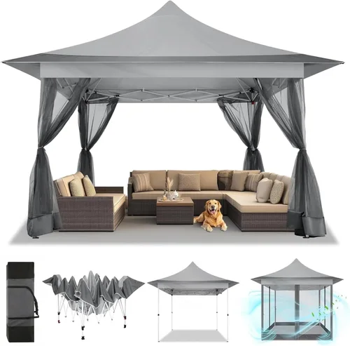 Miniatura 24 de COBIZI - Tienda desplegable de 3,66 x 3,66 metros en oferta - Cenador portátil de metal para exteriores con mosquitero, impermeable - Cenador Caqui