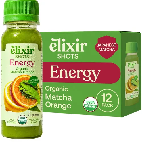 Elixir Shots Energy Wellness Shot con ingredientes 100% orgánicos, matcha, naranja, menta, vinagre de sidra de manzana, prensado en frío, sin