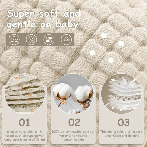 Miniatura 2 de Looxii Paquete de 6 paños de muselina para eructos, 20 x 10 pulgadas, ultra suaves y absorbentes, 6 capas 100% algodón para escupir y babear, suaves