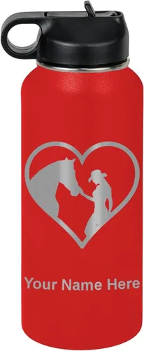 Miniatura 32 de LaserGram Botella de agua personalizada, corazón de vaquera de caballo, acero inoxidable de doble pared aislada al vacío con popote superior, regalo