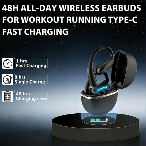 Miniatura 4 de Auriculares inalámbricos Bluetooth con ganchos, auriculares ENC con cancelación de ruido para deportes, reproducción de 60 horas de llamada clara