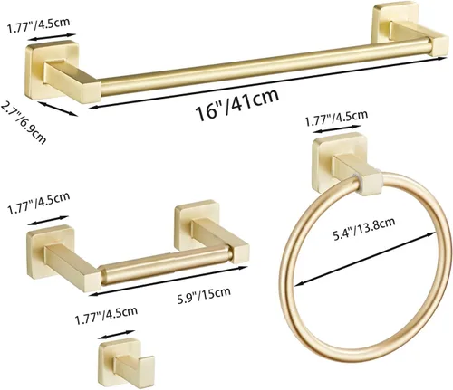 Miniatura 6 de Juego de 4 piezas de accesorios de baño de color dorado cepillado claro, juego de toallero de acero inoxidable montado en la pared, incluye toallero