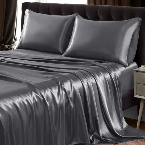 SiinvdaBZX Juego de sábanas de satén de 4 piezas tamaño King, ultra sedosas, suaves, sábanas de cama King de satén gris con bolsillo profundo, 1