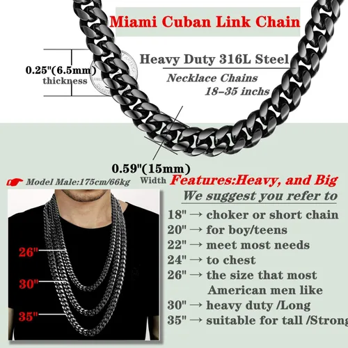 Miniatura 4 de ROWINCO - Cadena para hombre color negro pesada grande de acero inoxidable 316L cadena de eslabones cubanos cadena de joyería de hip hop 0591in