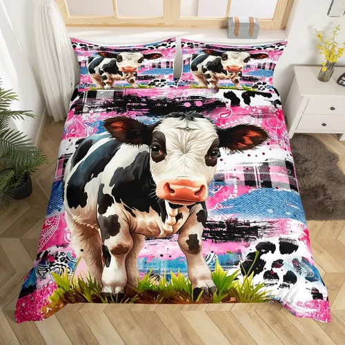 Manfei Juego de funda de edredón de vaca tamaño individual, funda de edredón con estampado de lentejuelas florales de cachemira con 1 funda de