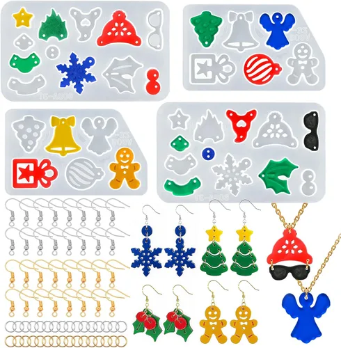 Miniatura 12 de Paquete de 5 moldes de resina para aretes, moldes de joyería de resina, moldes de silicona para colgantes de Navidad, varias formas, árbol de 5