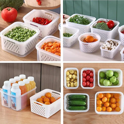 Miniatura 6 de Juego de 3 recipientes de almacenamiento de alimentos para refrigerador con tapas con colador, recipientes de almacenamiento de frutas y verduras