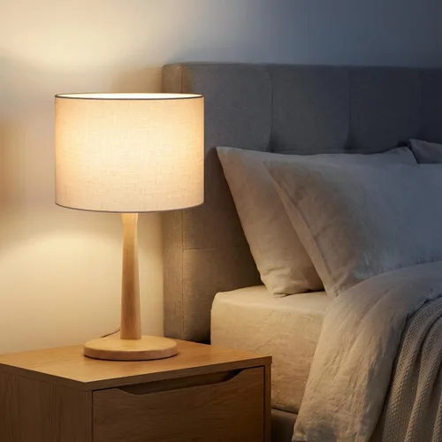 Miniatura 8 de Lámpara de mesa de madera natural maciza de 16.3 pulgadas con pantalla de tambor de lino para sala de estar, lámpara de mesita de noche regulable