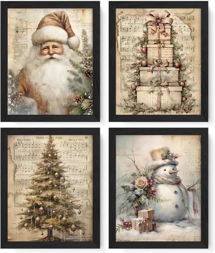 JXREQ Impresiones artísticas vintage de Navidad para pared, pósteres de muñeco de nieve, decoración de Papá Noel, decoración de Navidad, baño,