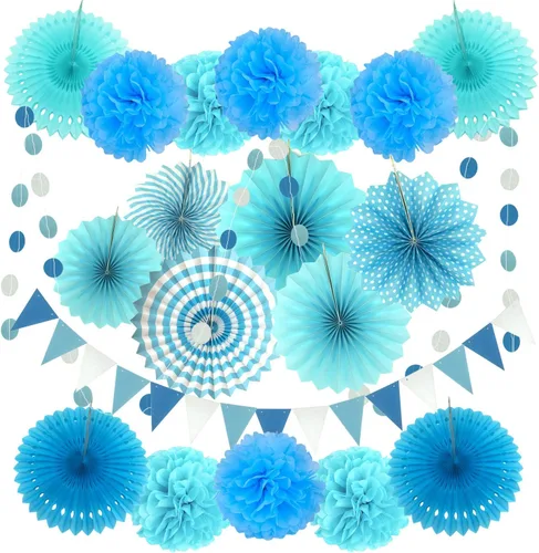 Miniatura 15 de Zerodeco - Decoración de fiesta, 21 piezas de abanicos de papel, pompones flores, tiras de cuerdas de lunares y banderines triangulares