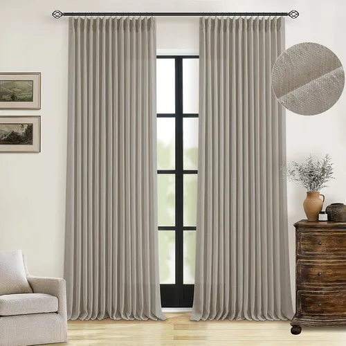 Miniatura 106 de Cortinas de lino natural con pliegues fruncidos de 120 pulgadas de largo para sala de estar, cortinas plisadas con ganchos y lengüeta trasera
