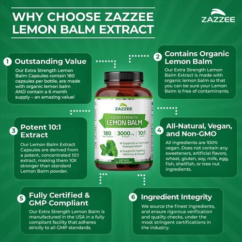 Miniatura 5 de Zazzee Extracto orgánico de bálsamo de limón 10:1, 3000 mg de fuerza por cápsula, 180 cápsulas veganas, suministro para 6 meses, extracto