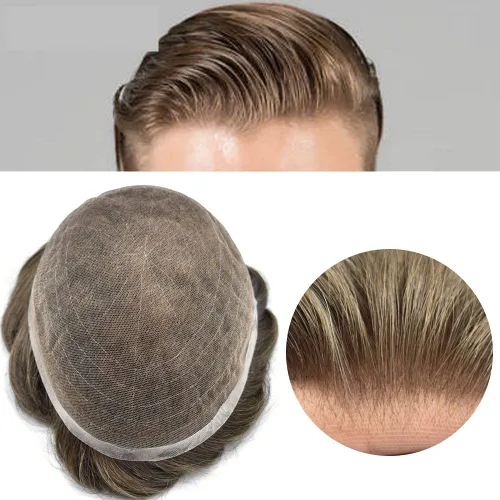 Miniatura 76 de Peluca de repuesto de cabello natural de poliuretano con encaje frontal para hombre (7x9 pulgadas, densidad de luz, 1B40# negro natural con 40% gris)