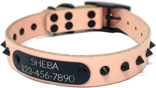 Miniatura 14 de Personalized Spiked Bridle Leather Dog Collar, Engraved Matte Black Metal Nameplate (Mustard Yellow)