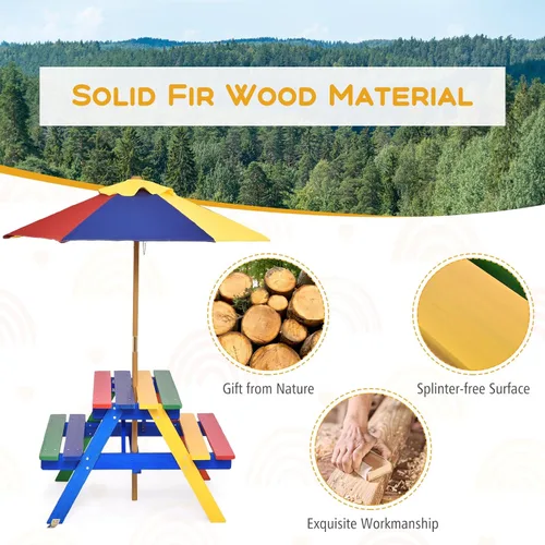 Miniatura 5 de Costzon Mesa de picnic para niños, mesa y sillas de madera de abeto para exteriores con paraguas extraíble, mesa de picnic para niños pequeños
