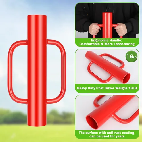 Miniatura 3 de Gtongoko Poste en T de 18 libras con asas, poste de valla resistente, para postes en T, canal U, poste de metal y poste de señal, herramienta de Rojo