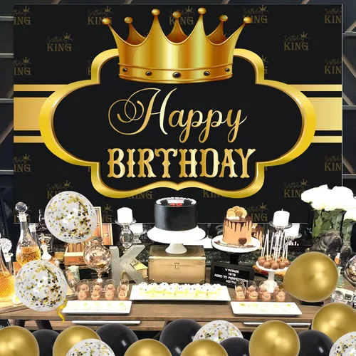 Miniatura 4 de Decoraciones de cumpleaños King para hombres, pancarta de fondo de fiesta de cumpleaños para niños, globos negros y dorados, decoraciones de feliz