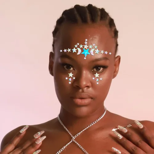 Miniatura 4 de 3 calcomanías de cara de estrella, joyas de cara de cristal con diamantes de imitación plateados, accesorios de fiesta para mujeres y niñas (B)