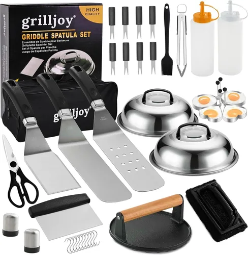 grilljoy Juego de accesorios profesionales para plancha con prensa de hamburguesas Smash – Espátula de parrilla extra gruesa, Volteador, Paleta –