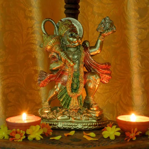 Miniatura 6 de BangBangDa Estatua hindú de Hanuman volador de Dios Hindú, acabado dorado de señor indio, Hanuman volador que lleva hierbas, escultura de ídolo