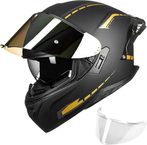 ILM Cascos de motocicleta de cara completa para adultos, hombres y mujeres, doble visera Powersports Motorbike Street Racing 619 (negro dorado, S)