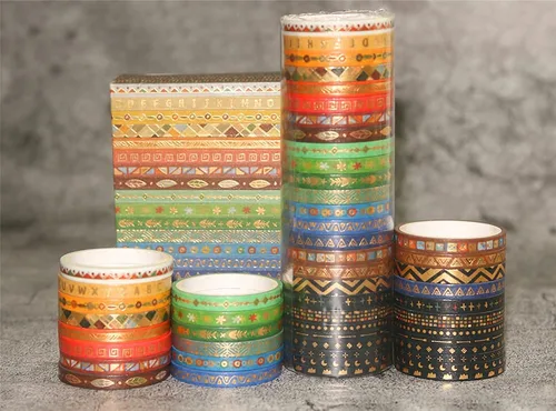 Miniatura 5 de YUBBAEX Juego de 26 rollos de cinta washi india, 0.197 in de ancho, tótem folclórico dorado fino decorativo para diario, álbum de recortes, agenda
