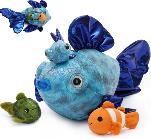 Miniatura 18 de Muiteiur Juego de animales marinos suaves de felpa con casa de conchas marinas de felpa, incluye tortuga de peluche, langosta, cangrejo, delfín, pez