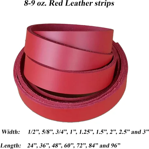 Miniatura 2 de 2 inch rojo tira de piel 8 – 9 onzas (3.2 – 3.6 MM) – Latigo tiras de piel hasta 96 inch de largo fabricado en Estados Unidos por pitka piel