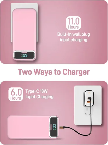 Miniatura 5 de Cargador portátil, 20000 mAh 22.5 W, cargador de batería de carga rápida con cables integrados y enchufe de pared, batería externa esencial de viaje