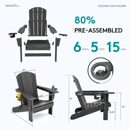 Miniatura 7 de SERWALL Silla Adirondack plegable, Silla Adirondack HDPE con textura de madera - gris