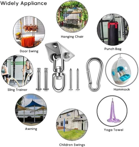 Miniatura 7 de HOMPER Kit de hamaca para colgar, capacidad de 1000 libras, ganchos giratorios de 360° resistentes para silla, yoga, patio al aire libre Plateado