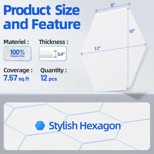 Miniatura 5 de Paquete de 12 paneles acústicos hexagonales con autoadhesivos, paneles de espuma a prueba de sonido de 12 x 10 x 0.4 pulgadas para paredes, paneles