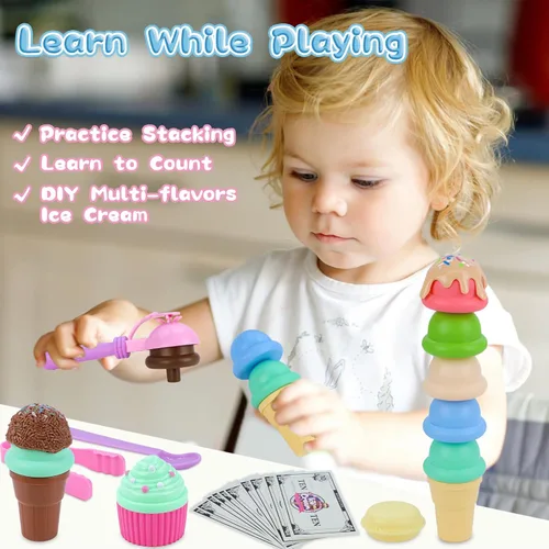 Miniatura 7 de Gifts2U Carrito de helado de juguete para niños, juego de 45 piezas de helado, tienda de juegos de simulación con carrito de almacenamiento