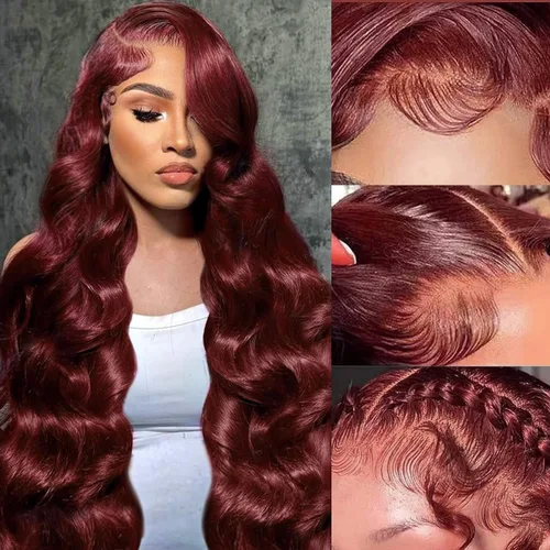 Miniatura 12 de ZGWG Pelucas de cabello humano con encaje frontal de color rojo, densidad del 180%, 13x6, 99J, pelucas de cabello humano virgen brasileño 12A
