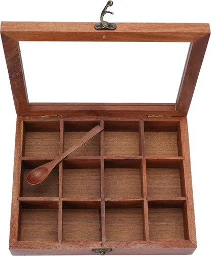 Miniatura 7 de Ajuny Caja de especias de madera de 10 x 8 pulgadas, organizador decorativo indio Masala Dabba con tapa de vidrio, 12 compartimentos y cuchara