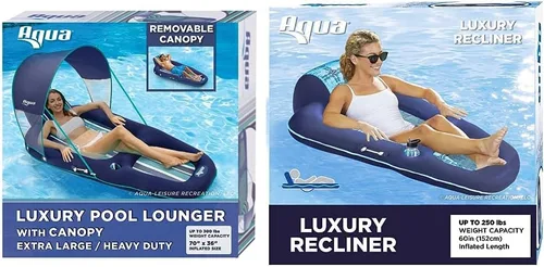 Aqua Ultimate - Tumbona flotante para piscina con toldo UPF 50 y portavasos, resistente, inflable para piscina y salón acuático de lujo,