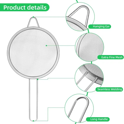 Miniatura 4 de Juego de 3 cucharas de malla fina de acero inoxidable colador de tamiz de acero inoxidable, colador multifuncional para alimentos con mango largo